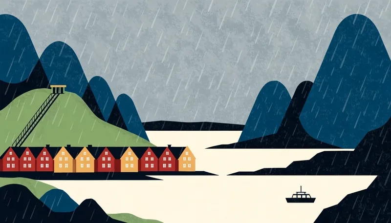 Illustrasjon av Bergen: Vågen med Bryggen, Fløibanen og fjellene rundt byen