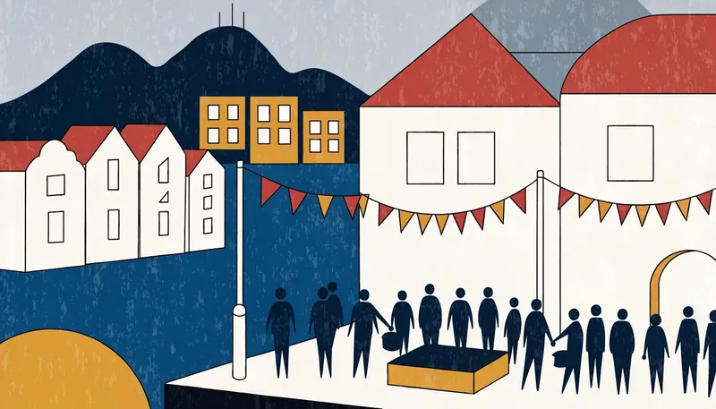 Illustrasjon: torg med flaggborder og scene foran gamle hus