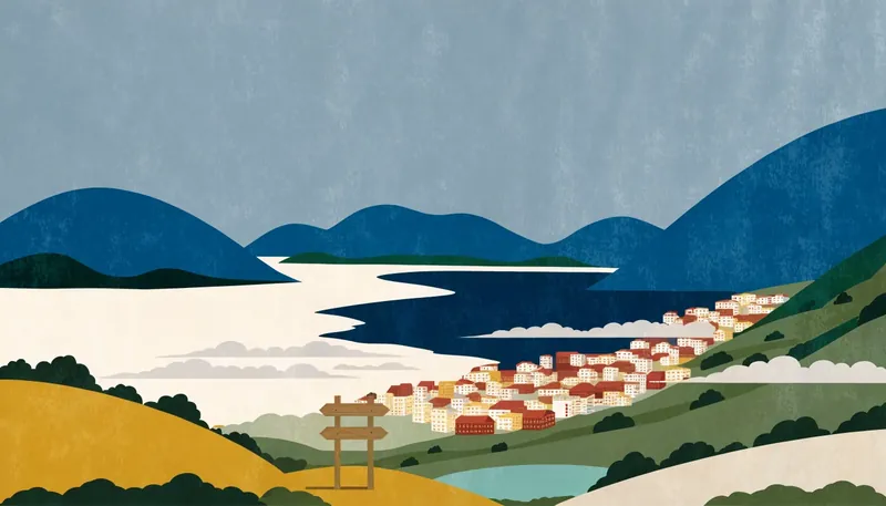 Illustrasjon: utsikt fra fjellet over Bergen, fjorden og byfjellene