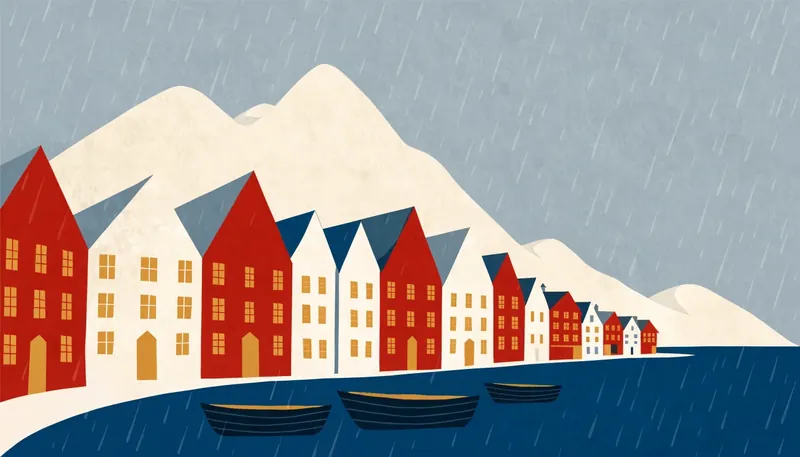 Illustrasjon: de spisse trehusene på Bryggen langs Vågen
