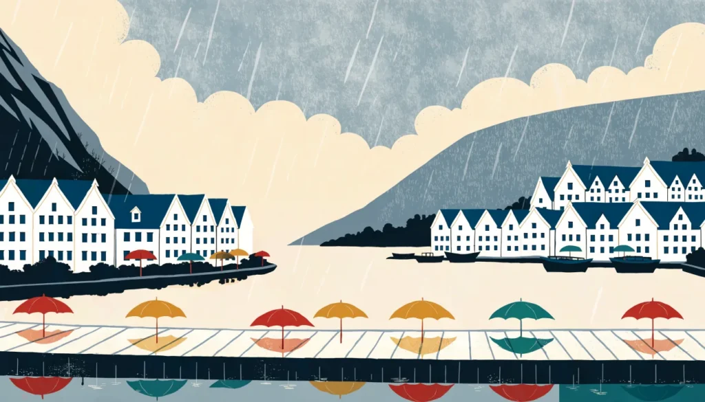 Illustrasjon: regn over havnebyen med paraplyer på kaien