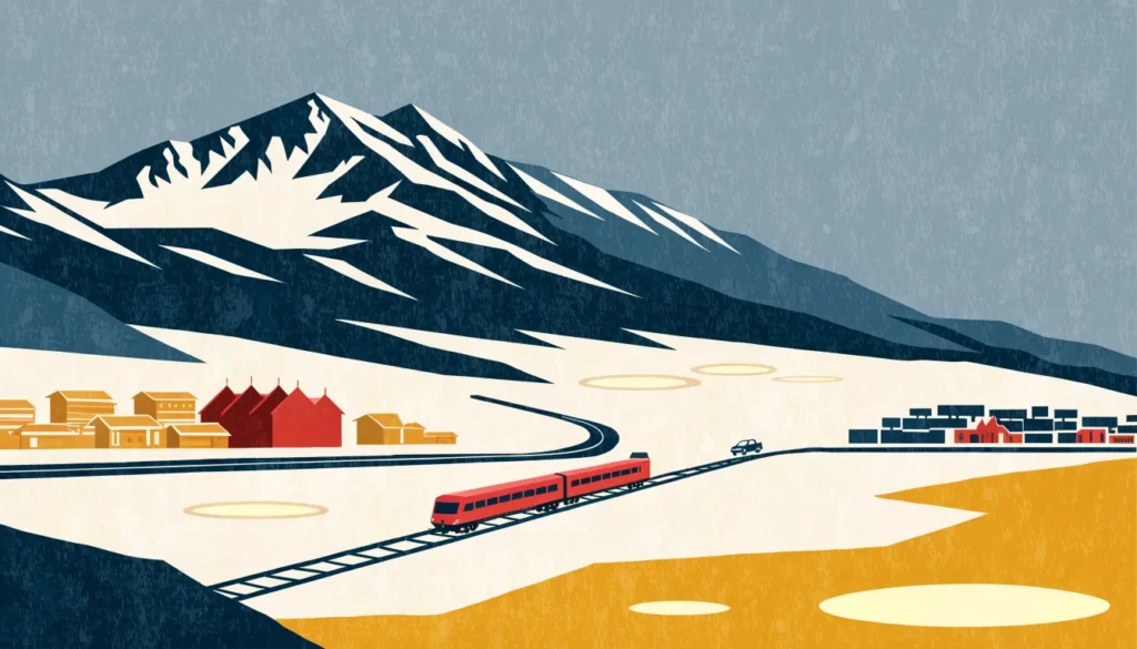 Illustrasjon: tog og vei over et høyfjellsplatå