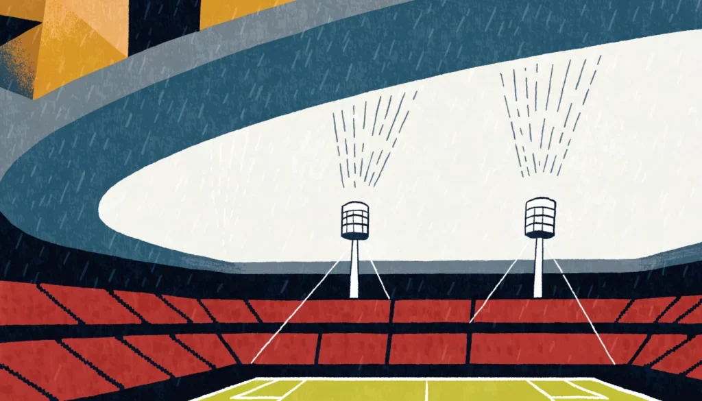 Illustrasjon: fotballstadion med røde seter og flomlys