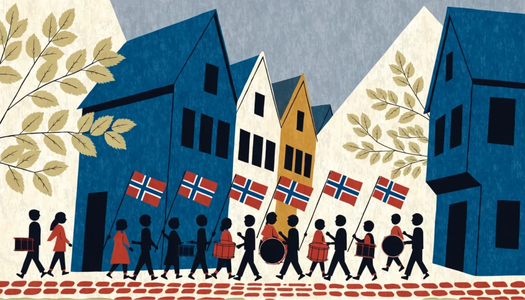 Illustrasjon: 17. mai-tog med norske flagg og trommer
