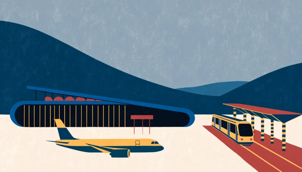 Illustrasjon: flyplassterminal med fly og bybane