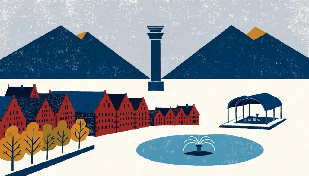 Illustrasjon: torg med monument, dam og musikkpaviljong i sentrum
