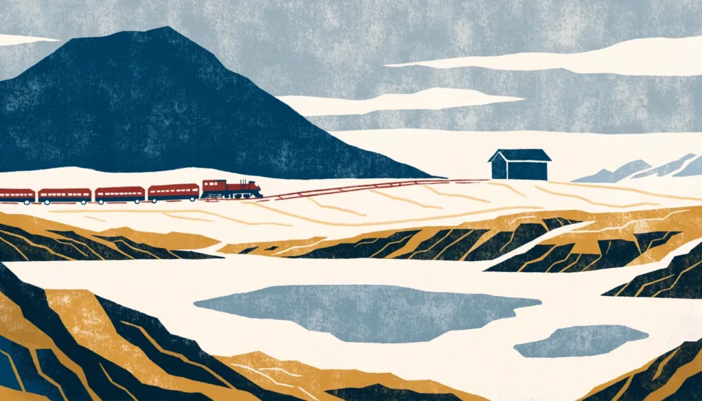 Illustrasjon: tog over et snødekt høyfjellsplatå