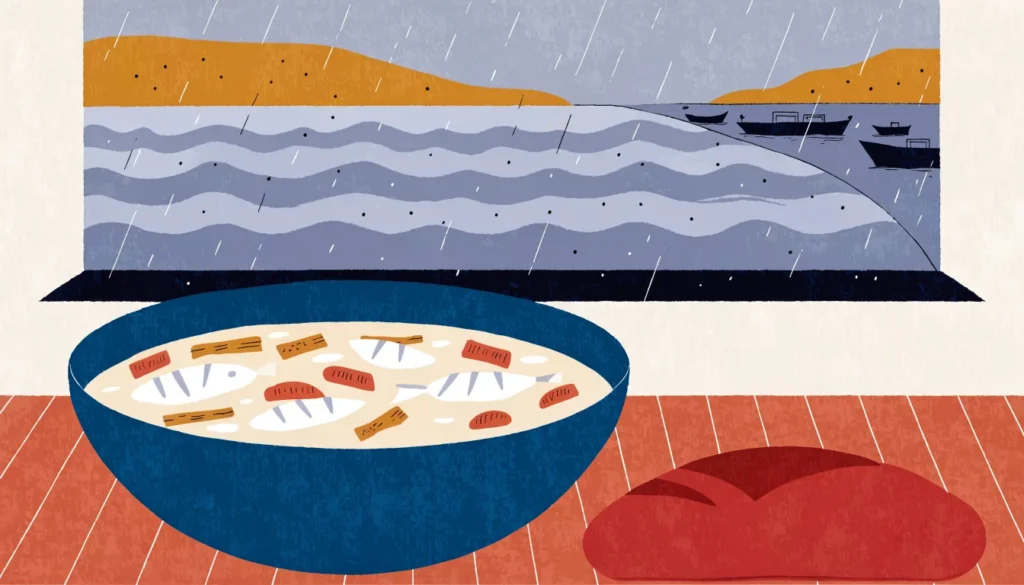 Illustrasjon: bolle med lys fiskesuppe og brød på et bord
