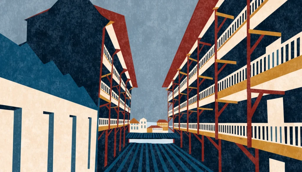 Illustrasjon: passasje mellom de gamle trebygningene på Bryggen