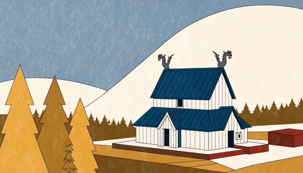 Illustrasjon: stavkirke med dragehoder i furuskogen