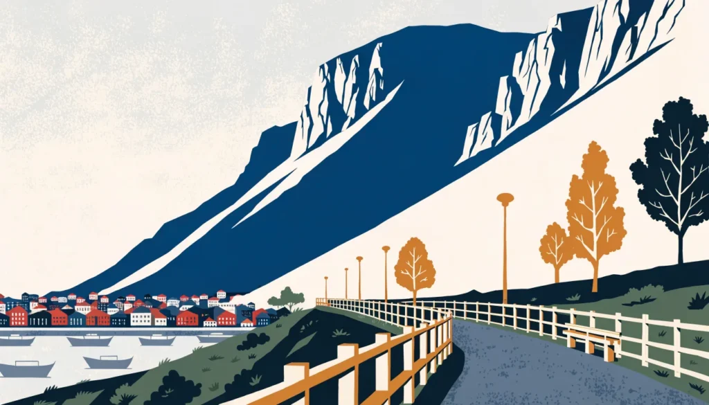 Illustrasjon: turvei langs fjellsiden høyt over byen og havnen