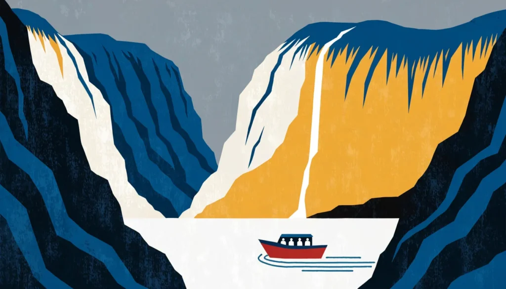 Illustrasjon: sightseeingbåt i et trangt fjordsund med foss