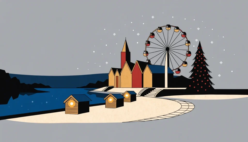 Illustrasjon: julemarked med boder og pariserhjul ved et vann