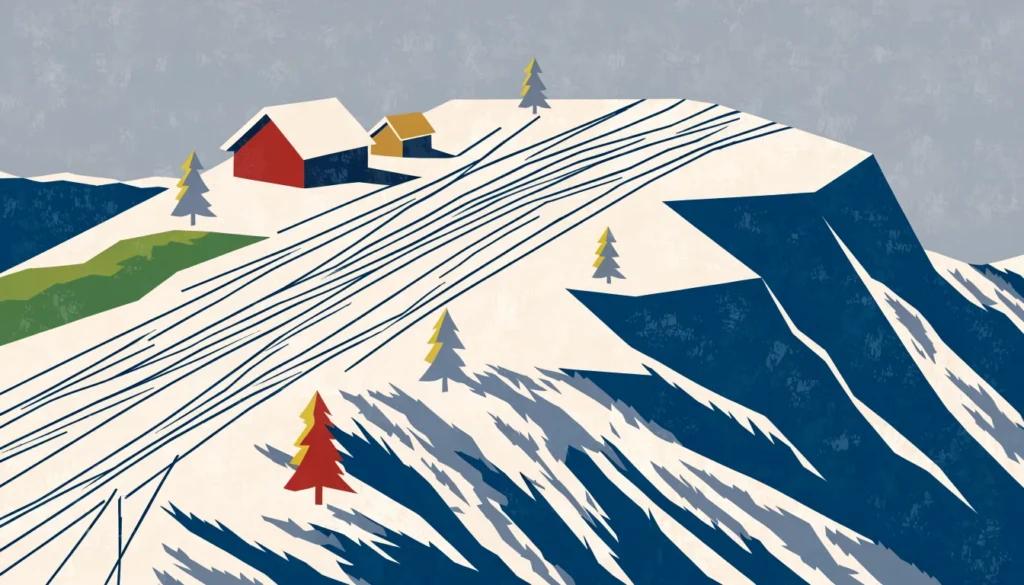Illustrasjon: skispor over et snødekt fjellplatå med hytter