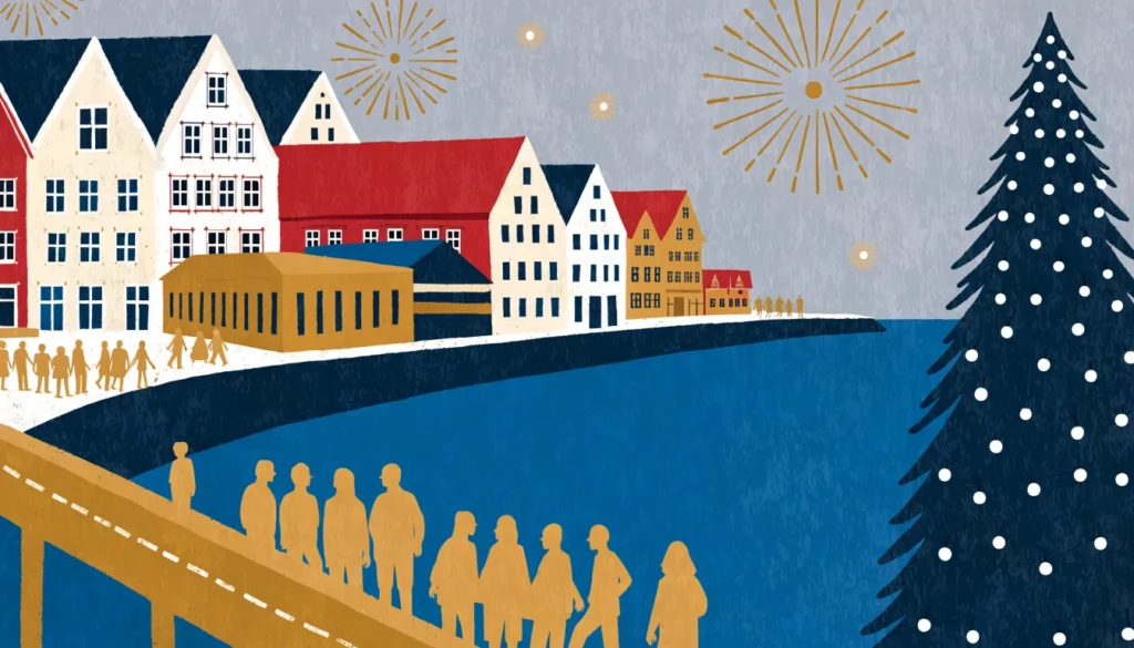 Illustrasjon: fyrverkeri og juletre ved et vann i byen om vinterkvelden