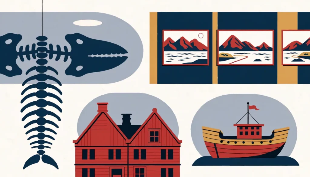 Illustrasjon: hvalskjelett, skipsmodell, malerier og et gammelt trehus