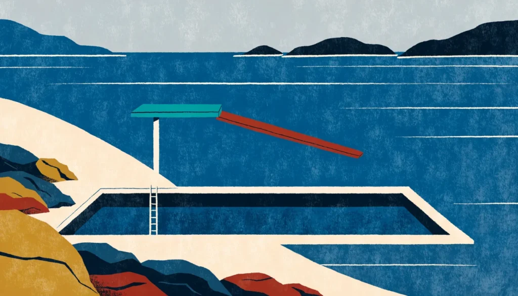 Illustrasjon: utendørs sjøvannsbasseng ved fjorden