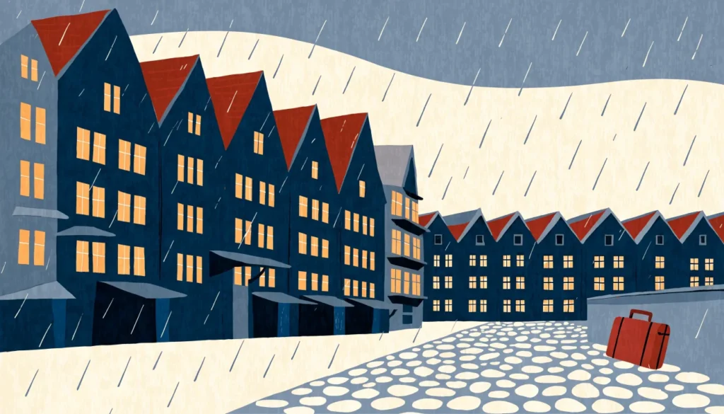 Illustrasjon: opplyste vinduer i gamle hus ved havnen og en koffert på brosteinen