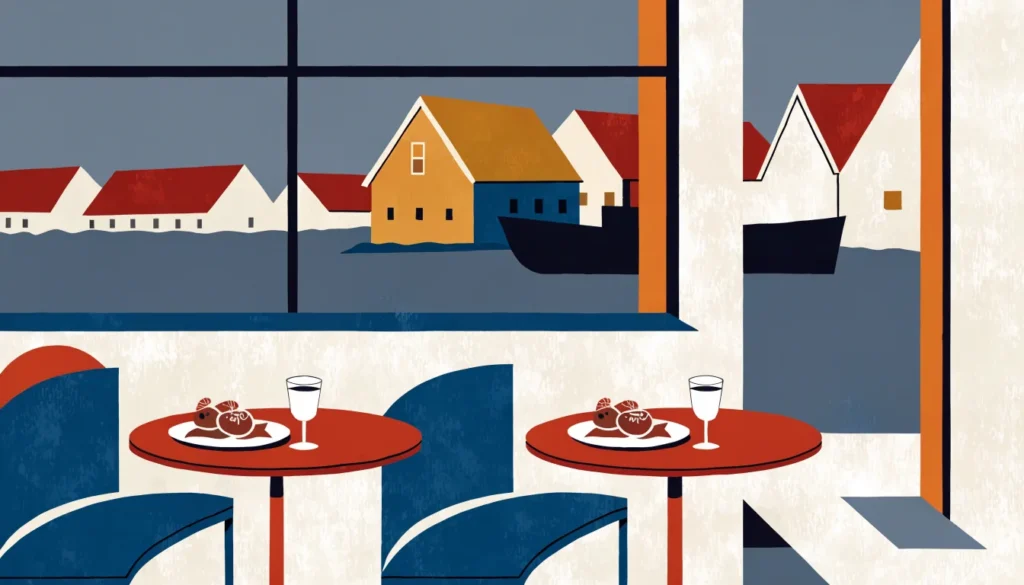 Illustrasjon: restaurantbord ved vinduet med utsikt mot havnen