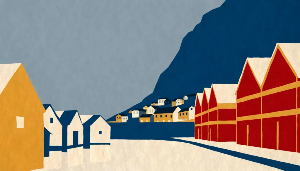 Illustrasjon: gamle sjøhus langs vannet under bratt fjellside