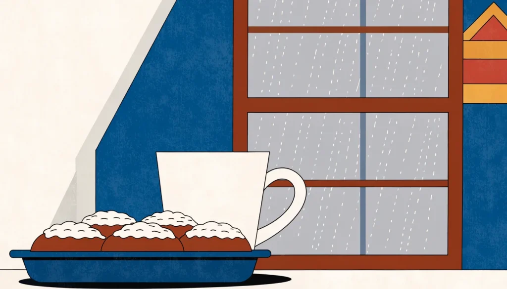 Illustrasjon: store kanelboller med sukker og en kopp kaffe