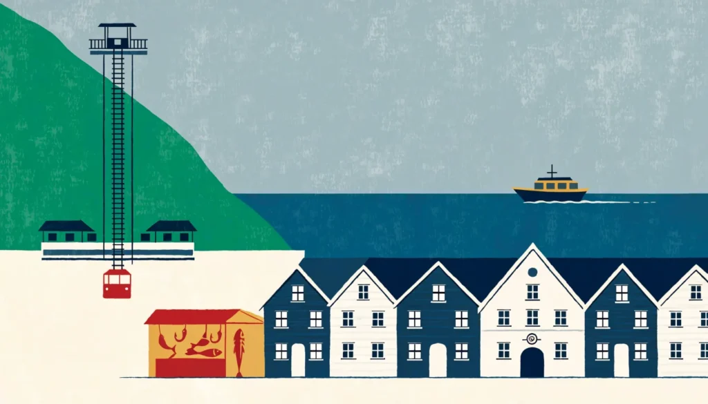 Illustrasjon: havnen i Bergen med fjellbane, trehus og ferje